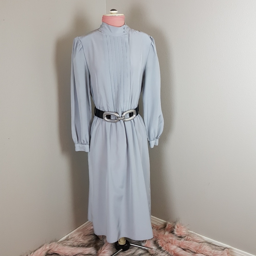 VTG 70sGUNMETAL VICTORIAN  PINTUCK SECRETARY DRESS